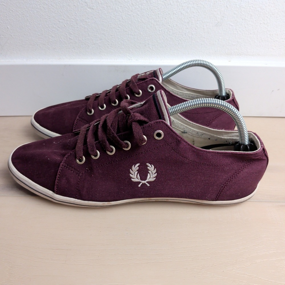 Fred Perry Kingston Twill Plimsolls Men 10 Burgundy Maroon Canvas Sneakers Shoes